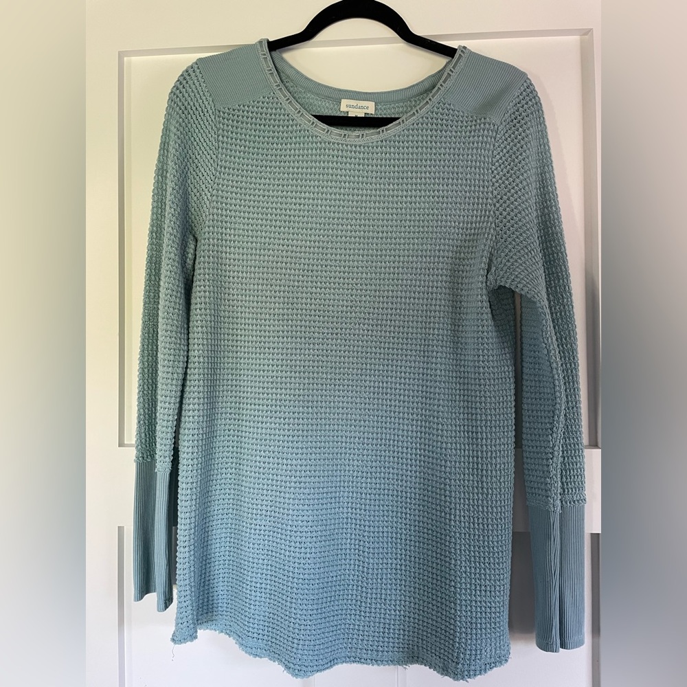 SUNDANCE Waffle Weave Boucle Henley, Aqua, Size Medium.